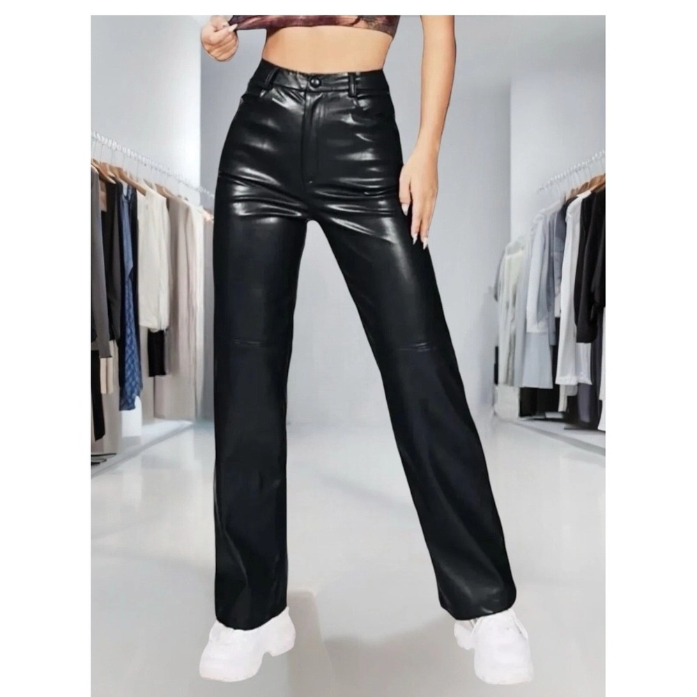 Zara Faux Leather Pants Black Straight Leg Trousers Size S